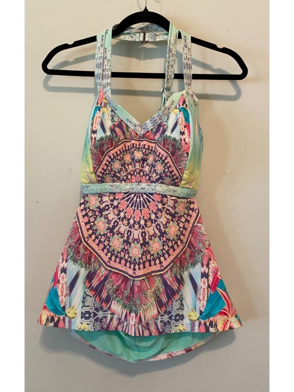 Colorful Womens Tankini Swimsuit Mandala Print Pleated Skirt Bottom Small